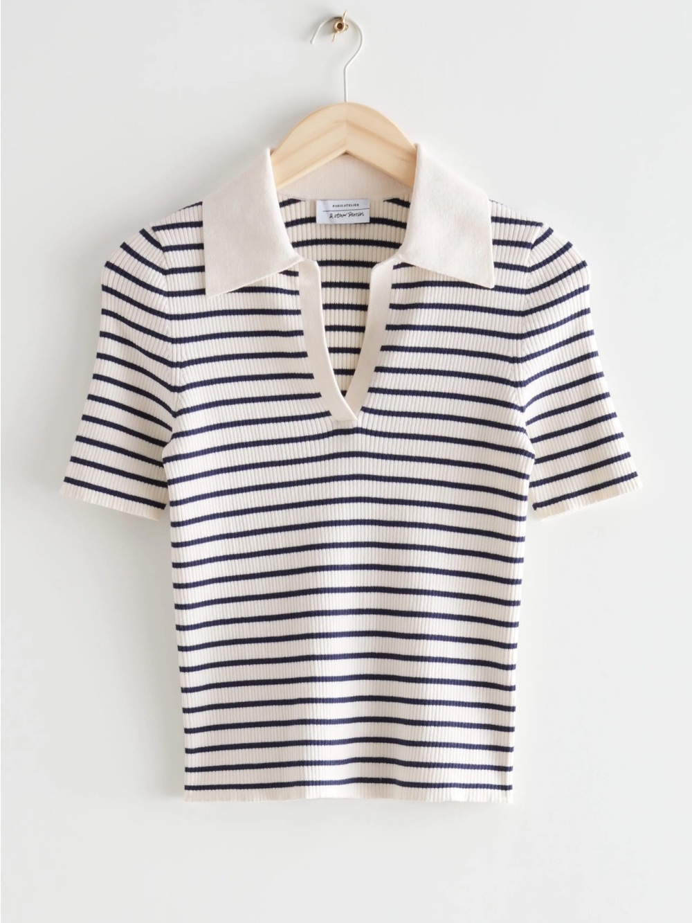 & Other Stories Striped Knit Polo Top in Navy and Cream (Large)